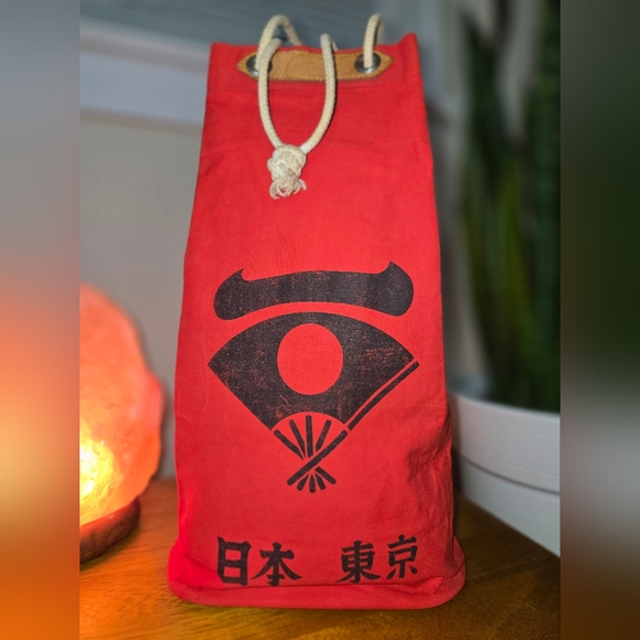 Vintage Japanese Red Canvas Drawstring Tote Bag - Picture 3 of 12